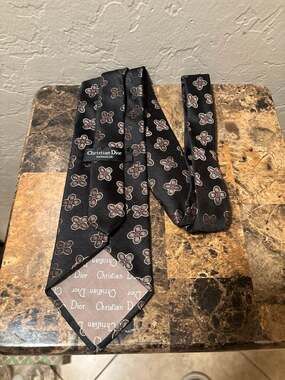 Vintage Christian Dior Monsieur Black Silk Necktie with Floral Geometric Pattern
